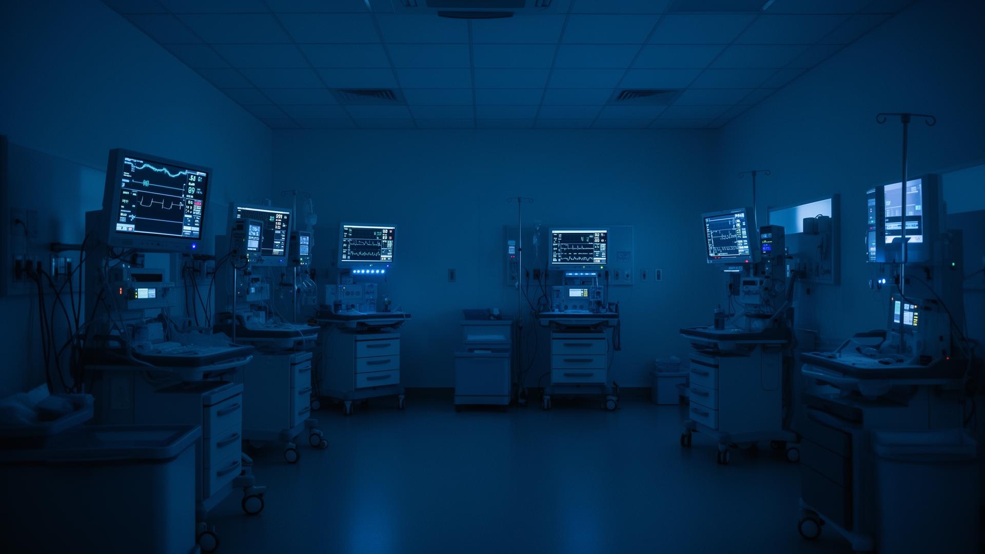 Ambiente de UTI com monitores médicos iluminados em azul